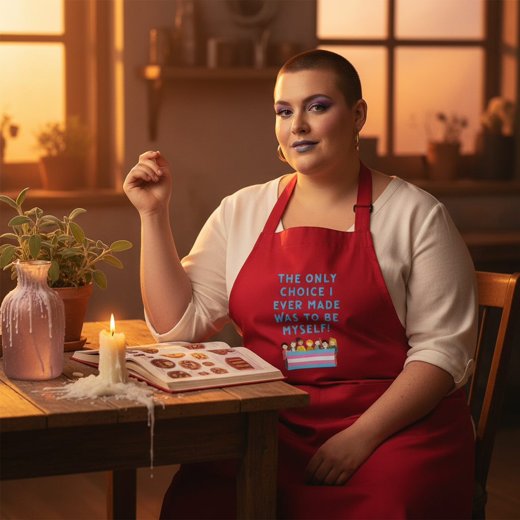 Person wearing a red apron reading “The Only Choice I Ever Made Was to Be Myself!”