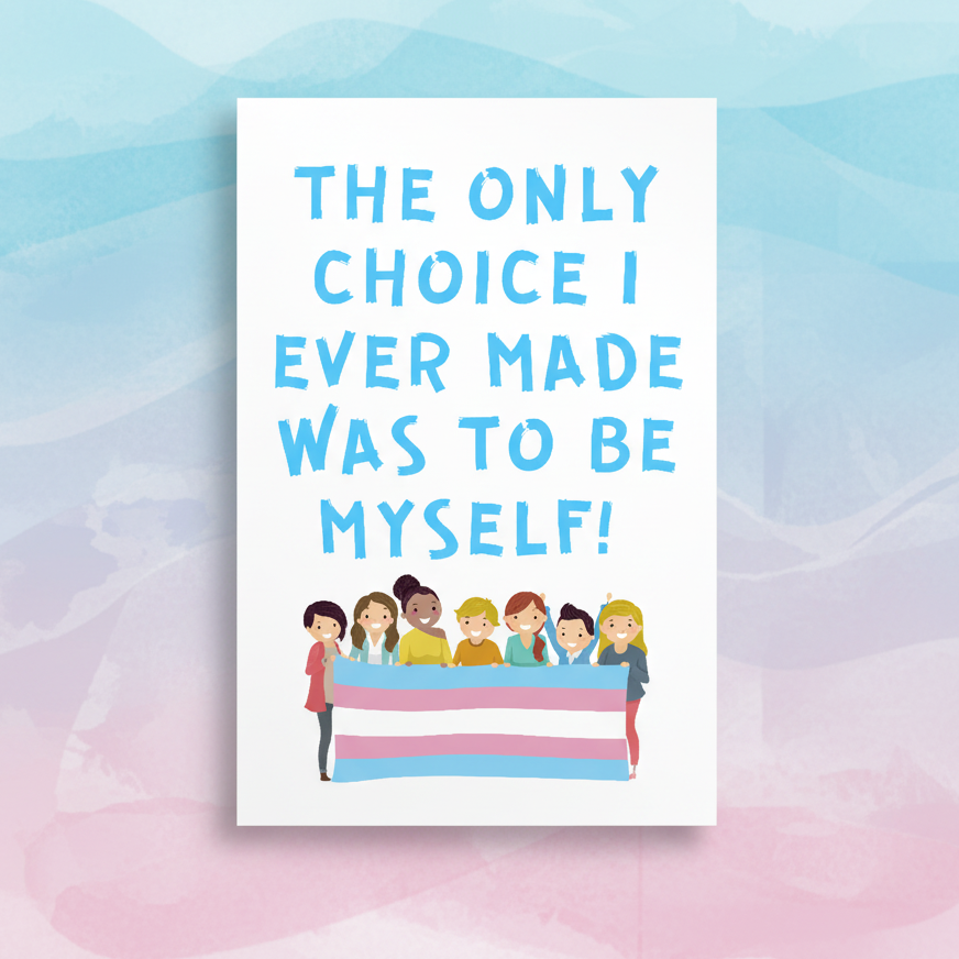 Queer postcard with six people and a trans pride flag on pastel blue and pink