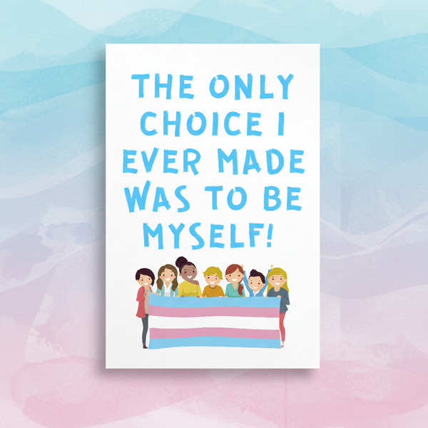 Queer postcard with six people and a trans pride flag on pastel blue and pink