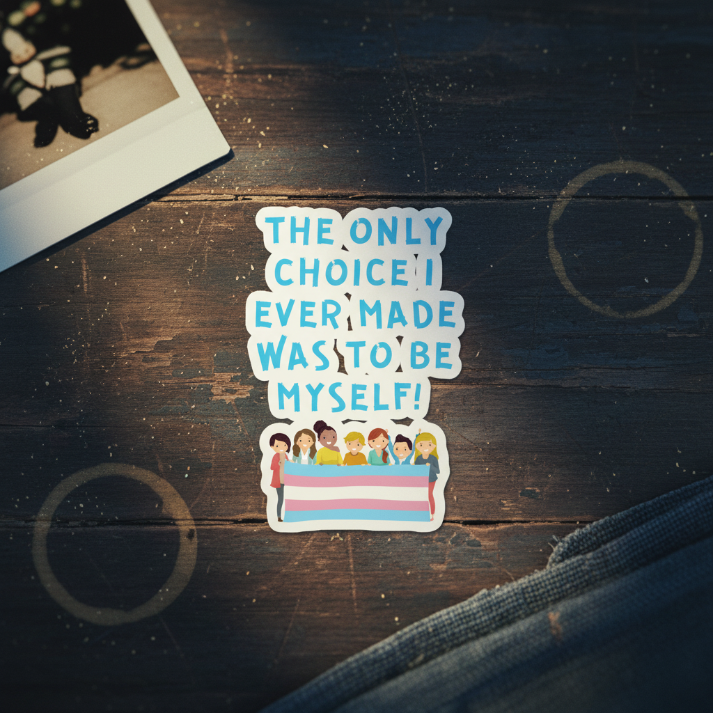 Bubble-free sticker on a wood table, with blue text: “THE ONLY CHOICE I EVER MADE WAS TO BE MYSELF!” Cartoon people