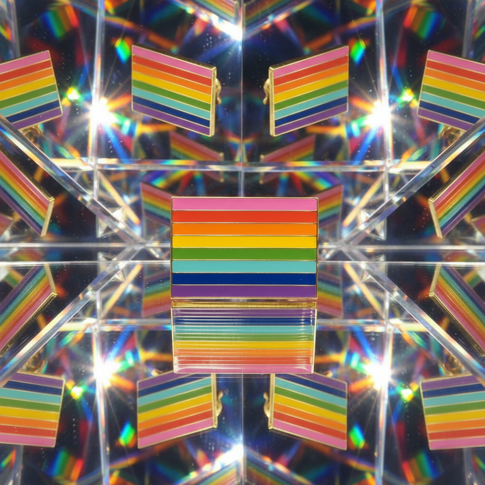 Rainbow LGBT Pride enamel pin displayed against mirrored reflections