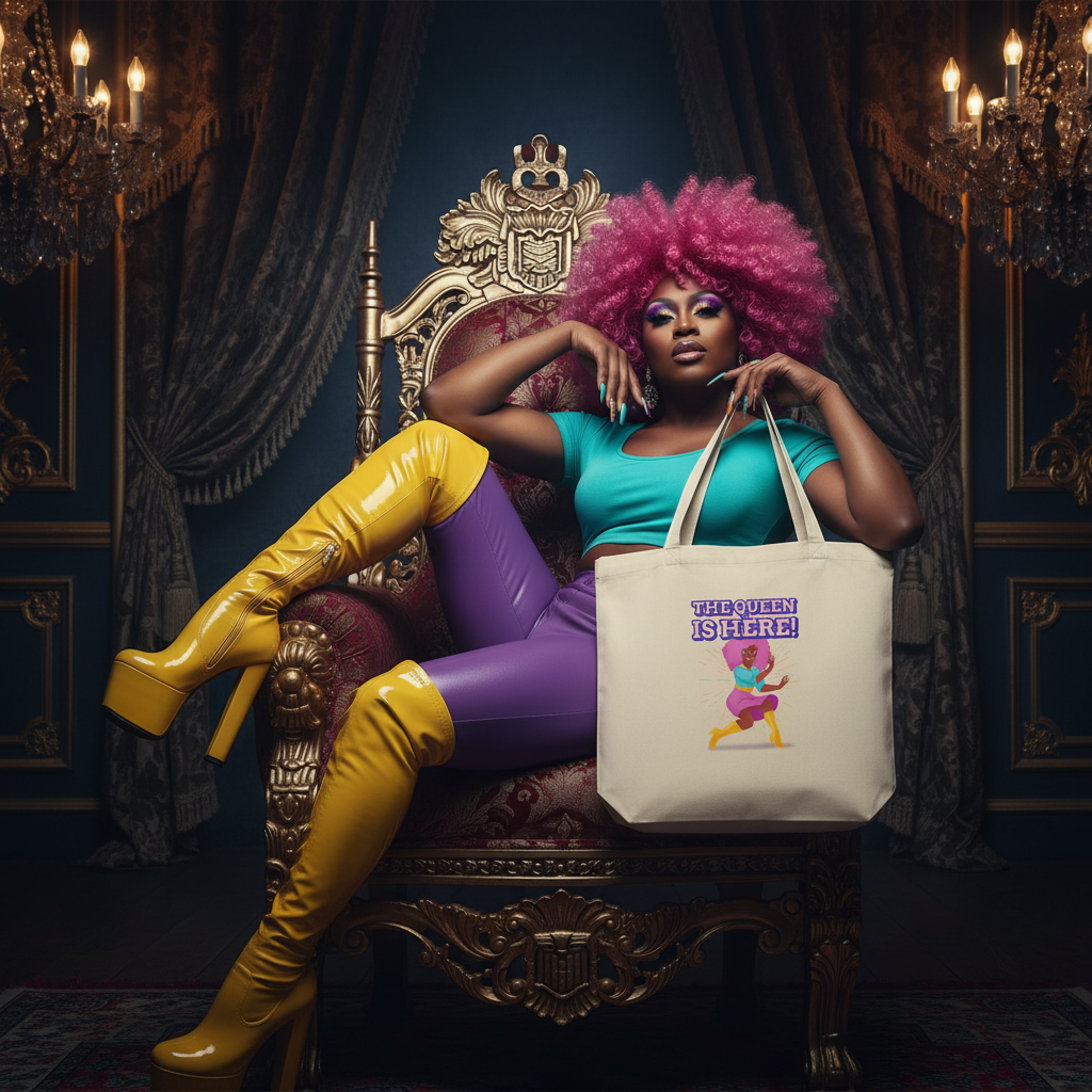 Eco Tote Bag in organic cotton with “The Queen Is Here!” and a cartoon queen