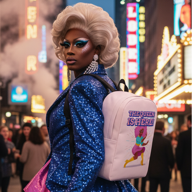 The Queen Is Here Minimalist Backpack, rocking its bold slogan and cartoon queen