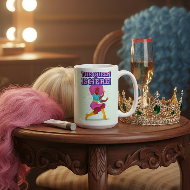 White “THE QUEEN IS HERE!” mug beside wigs, a crown, and a champagne flute