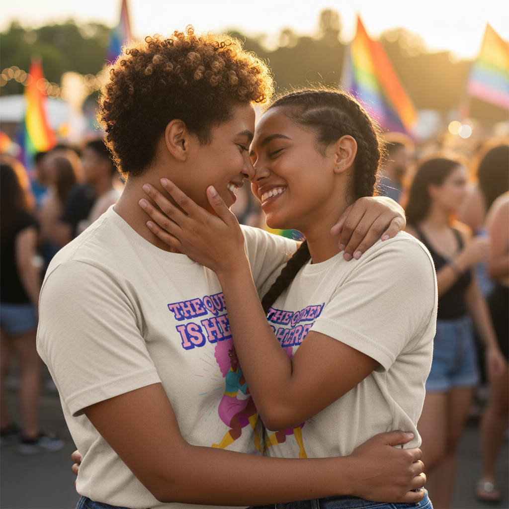 “The Queen Is Here” T-Shirts with rainbow graphics worn by two people embracing at Pride
