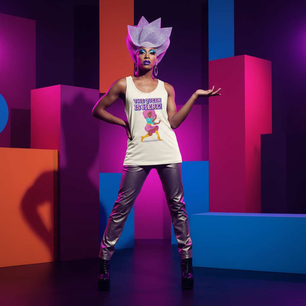 Unisex tank top with “The Queen Is Here” graphic, metallic pants, and glittery headpiece; queer fashion