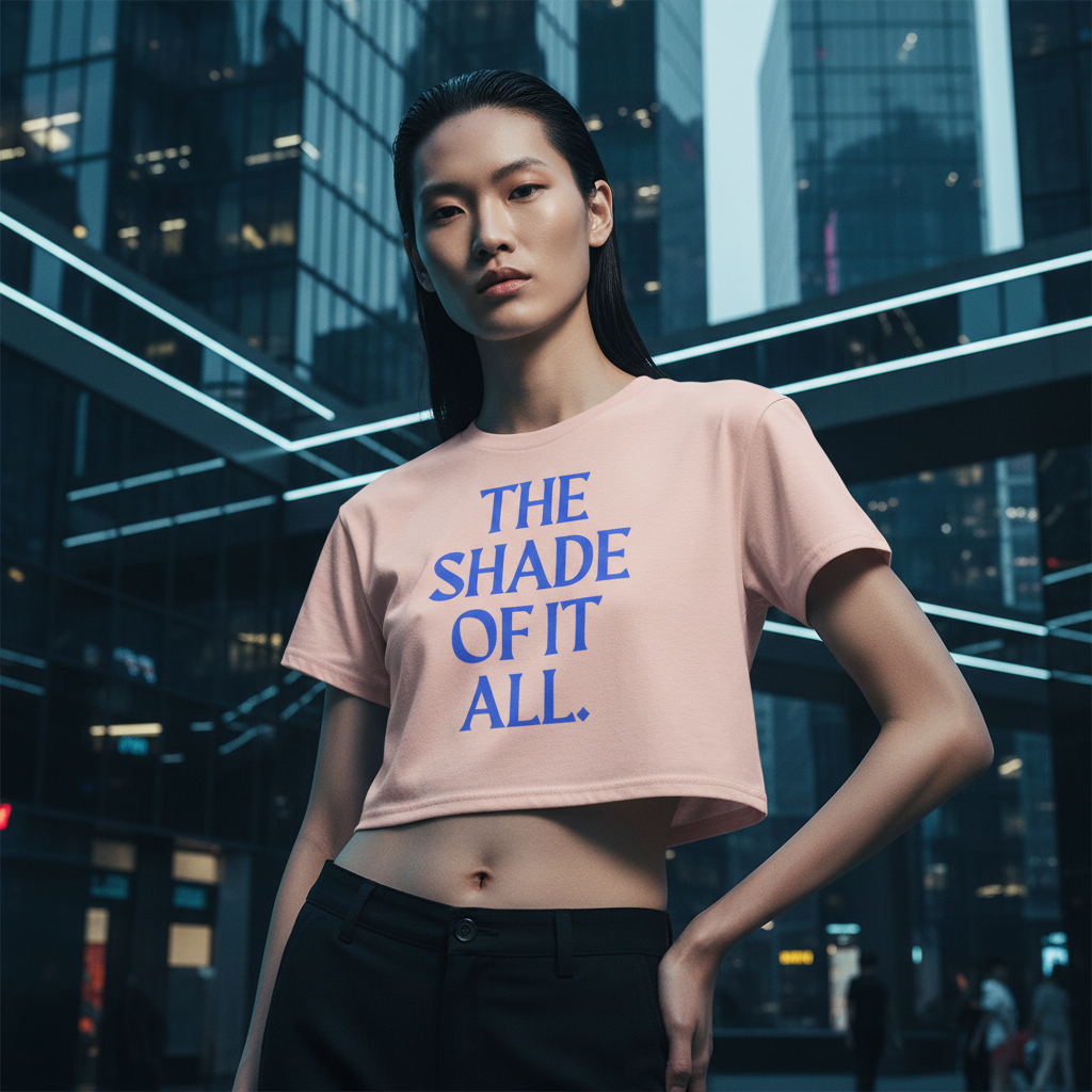 The Shade Of It All Crop Top, a relaxed-fit light pink tee with bold blue text