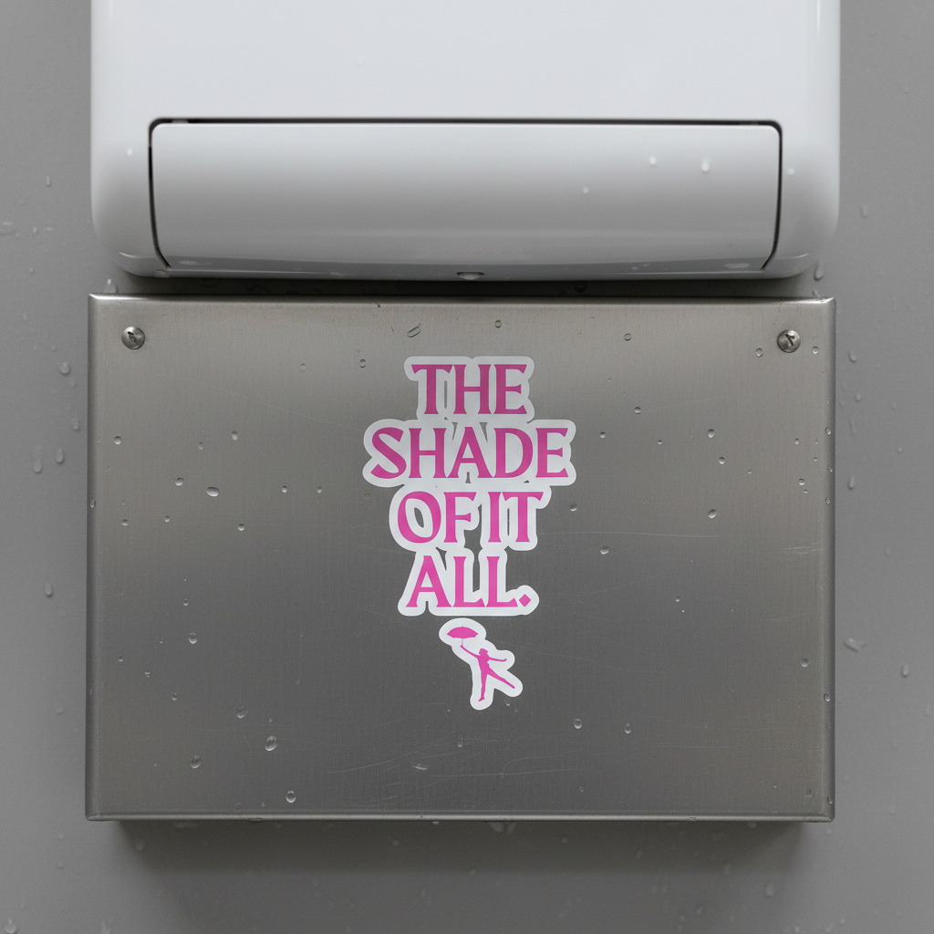 A metal hand dryer sports “The Shade Of It All” bubble-free sticker in fierce pink and white, with a small pink silhouette