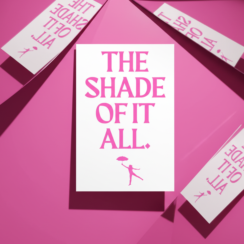 Postcard reads "The Shade Of It All" in bold pink text, with an umbrella silhouette on white