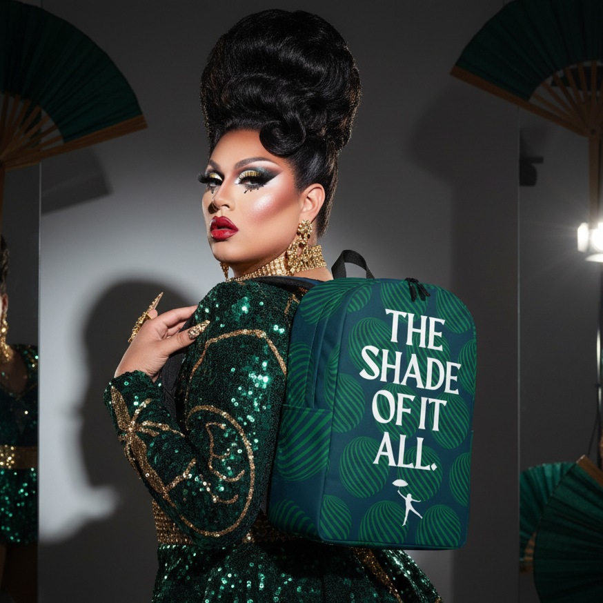 The Shade Of It All Minimalist Backpack with bold white text, posed by a glam queer in sequined green, big hair