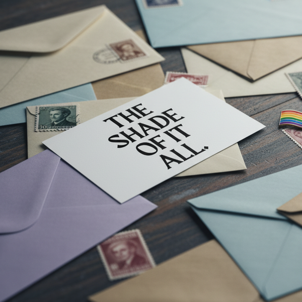 The Shade Of It All postcard with bold black text on white, surrounded by pastel envelopes, vintage stamps, LGBTQ stickers