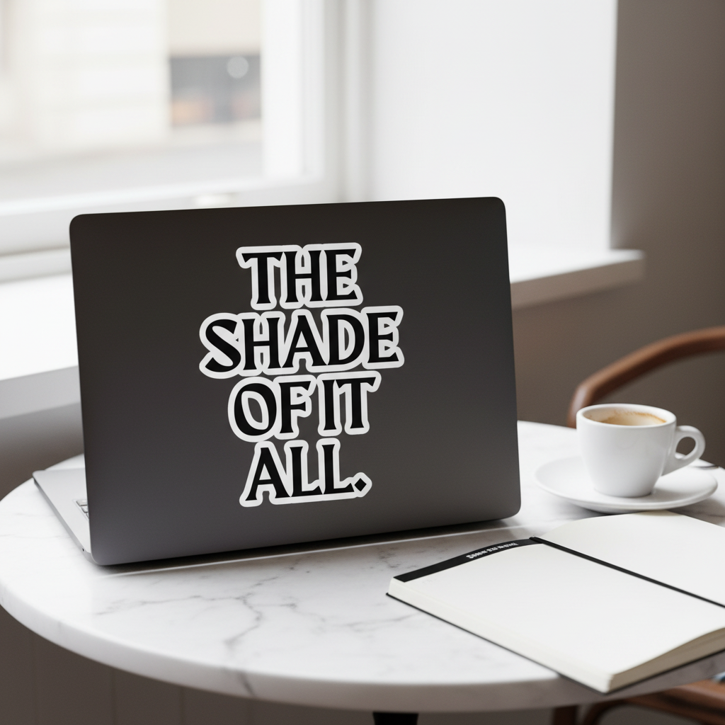 The Shade Of It All Bubble-Free Sticker on a gray laptop, set on a round white table with coffee, notebook