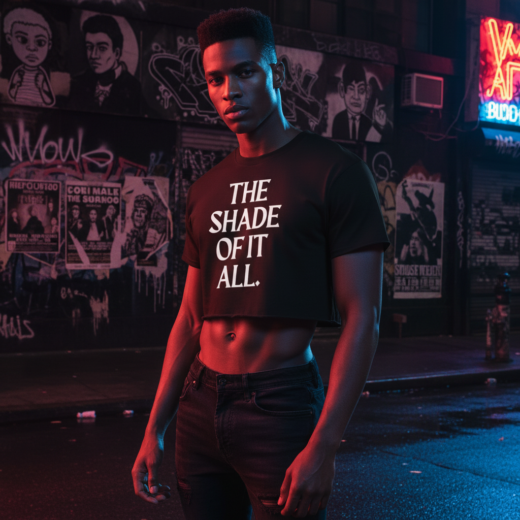 The Shade Of It All Crop Top, black with bold white lettering, worn by a person on a neon-lit street