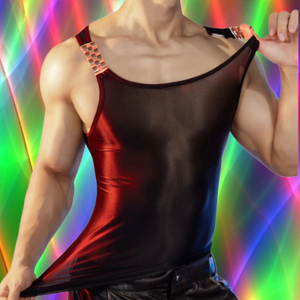 Front view of a muscular model in a glossy black and red sheer tank with chain-link straps