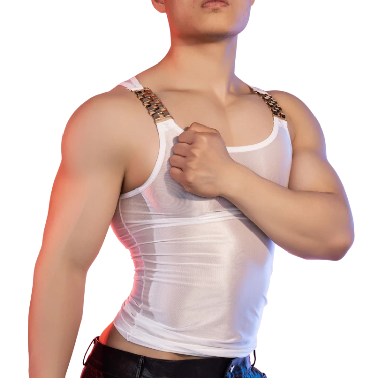 Cropped model wearing a sheer white tank top with metallic chain shoulder straps