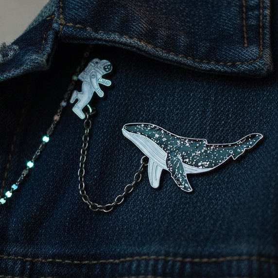 The Whale & The Astronaut Enamel Pin adorns a denim jacket, showcasing a glitter-filled whale and astronaut