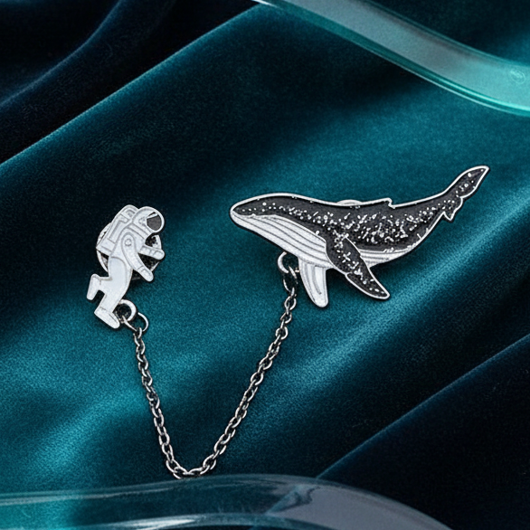 Close-up of a whale and astronaut enamel pin set linked by a silver chain