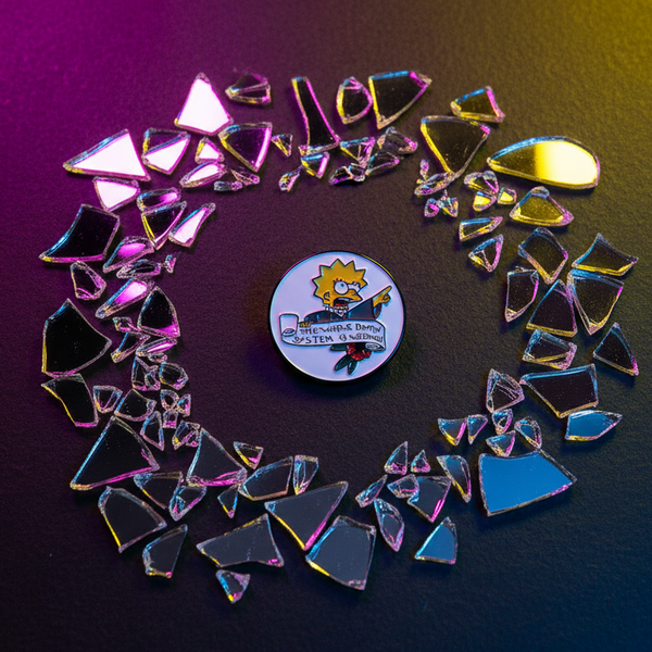 The Whole Damn System Is Wrong Simpsons Enamel Pin glimmers at the center of shattered glass