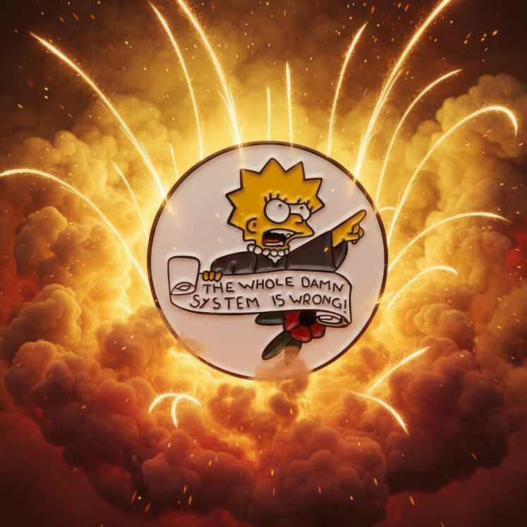 Simpsons enamel pin reading “THE WHOLE DAMN SYSTEM IS WRONG!” against an explosion graphic