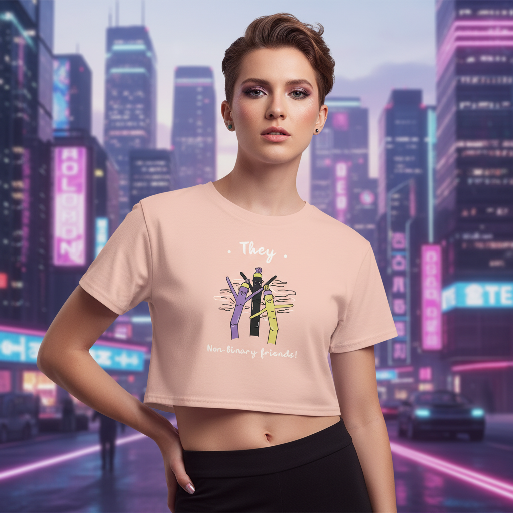 They Non-Binary Friends light pink crop top with “They - Non-binary friends!” and three diverse folks