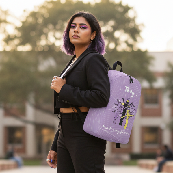 They Non-Binary Friends Minimalist Backpack with “They” in lavender, worn by a purple-haired