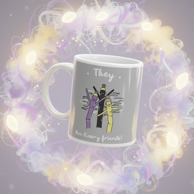 Angled gray mug reading “They” and “Non-binary friends!” with three colorful figures