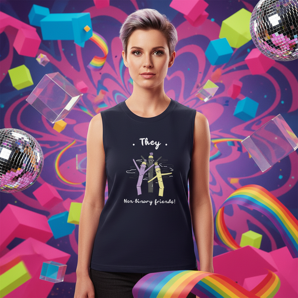 They Non-Binary Friends Muscle Top with cartoon characters, worn by a short purple-haired person