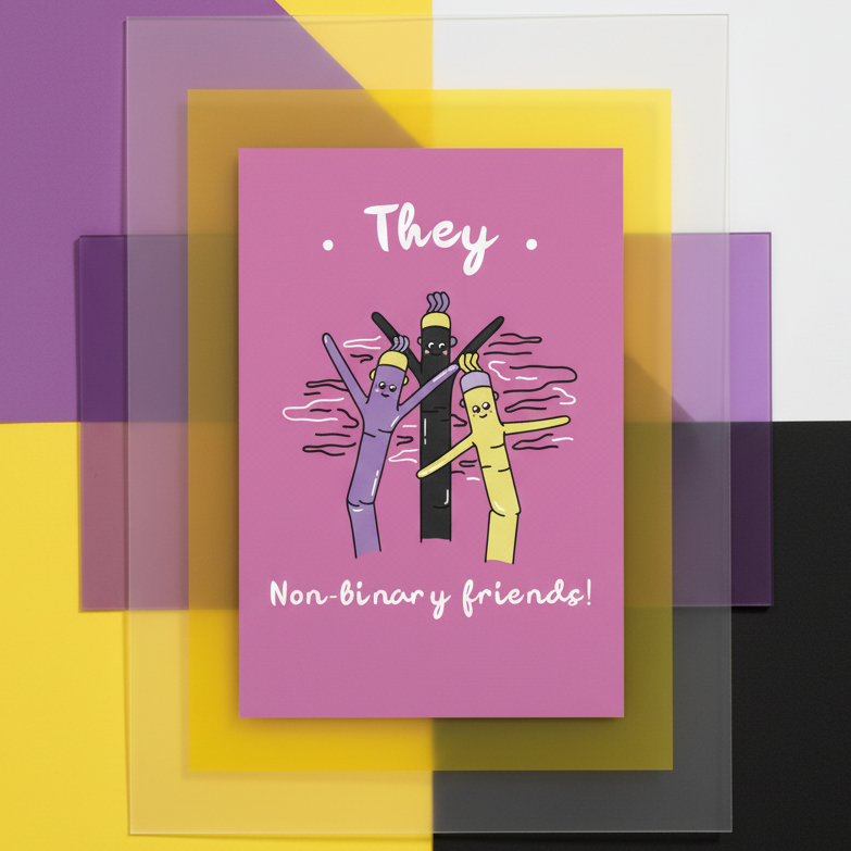 Non-binary friends postcard on pink card stock with purple, black, and yellow crayon pals