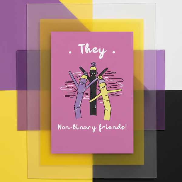 Non-binary friends postcard on pink card stock with purple, black, and yellow crayon pals