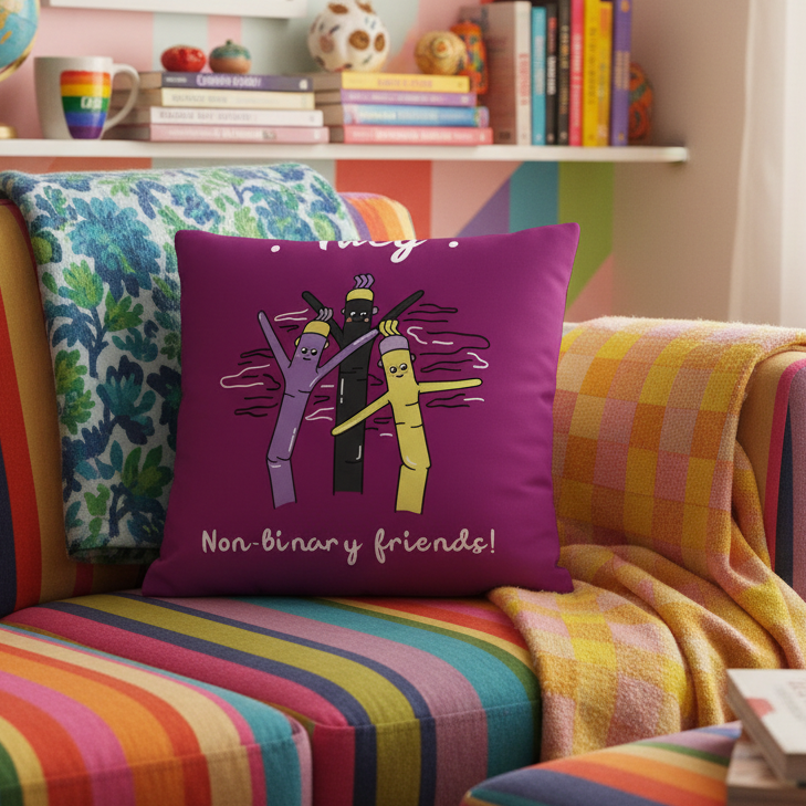 They Non-Binary Friends Premium Pillow on striped sofa; cartoon figures in non-binary flag colors