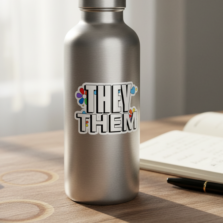Silver water bottle on wood table with a “THEY THEM” bubble-free sticker and tiny flowers, repping nonbinary pride