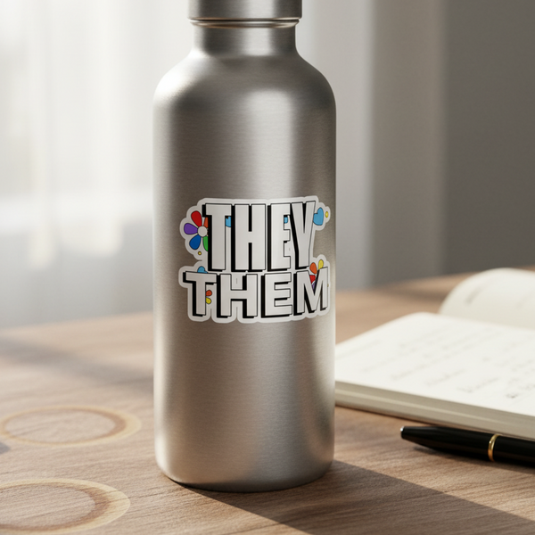 Silver water bottle on wood table with a “THEY THEM” bubble-free sticker and tiny flowers, repping nonbinary pride