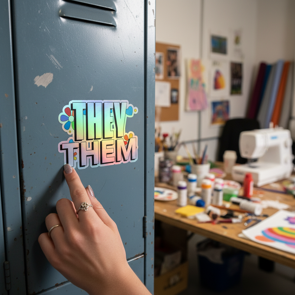 They / Them holographic vinyl sticker shines with rainbow colors on a gray locker