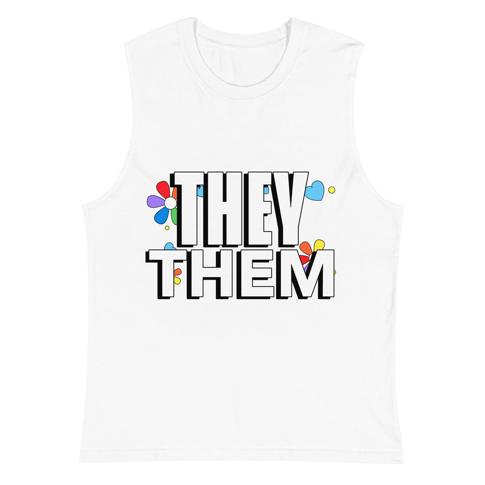 White muscle tank featuring bold black "They / Them" text