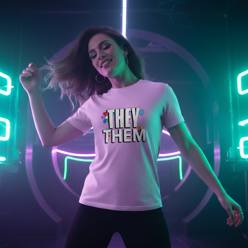 They/Them T-Shirt worn by a person with long hair, hoop earrings, beaming queer joy in neon-lit space