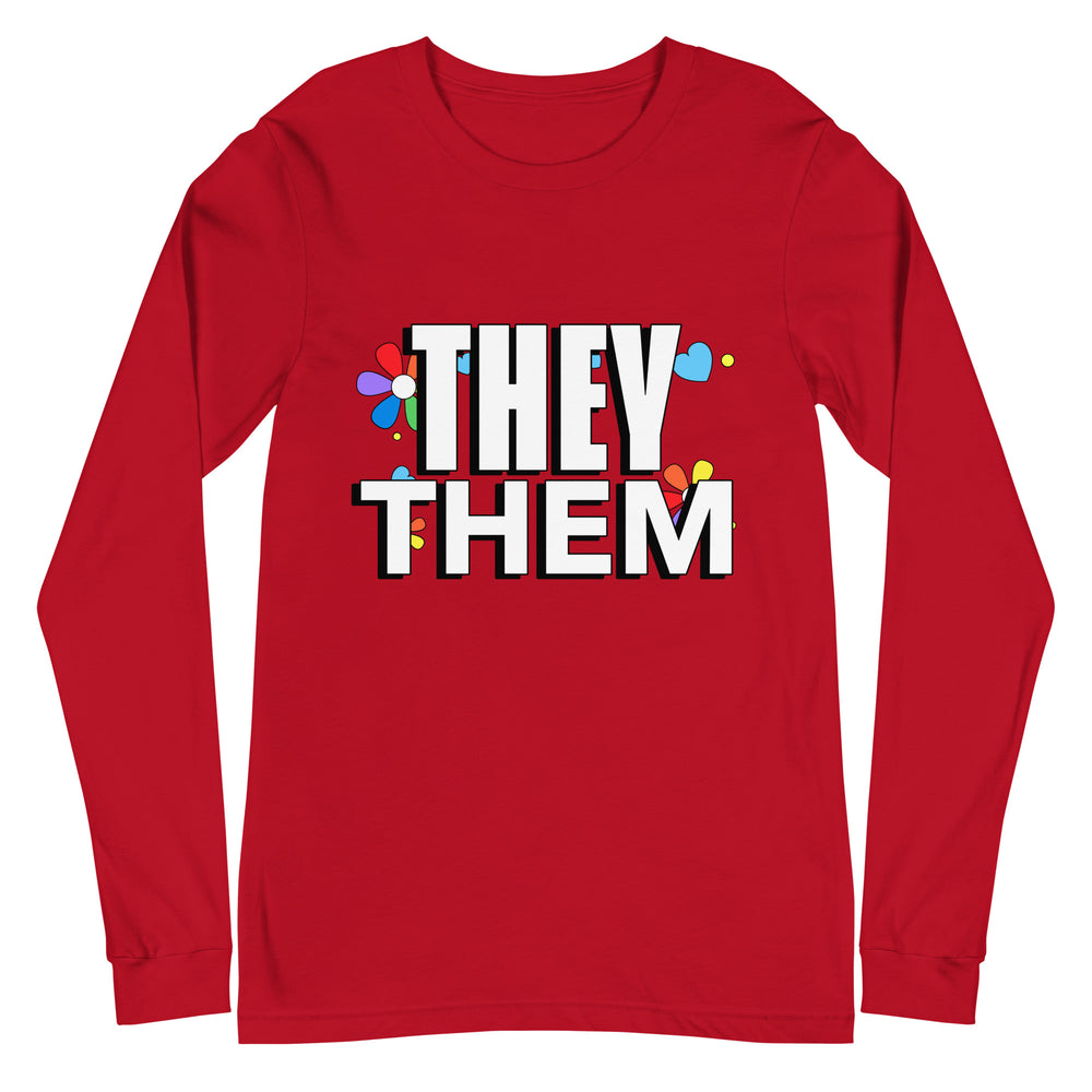 Front view of a red long-sleeve shirt reading “THEY THEM” with colorful flower shapes
