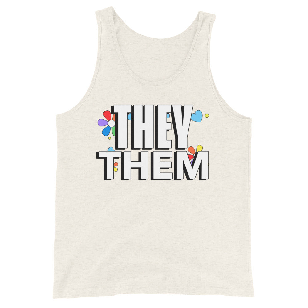 Front view of a cream tank top reading “THEY THEM” with colorful flower shapes
