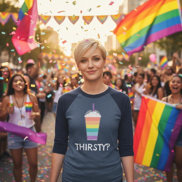 Model wearing a three-quarter-sleeve raglan shirt with a rainbow drink and “THIRSTY?” graphic