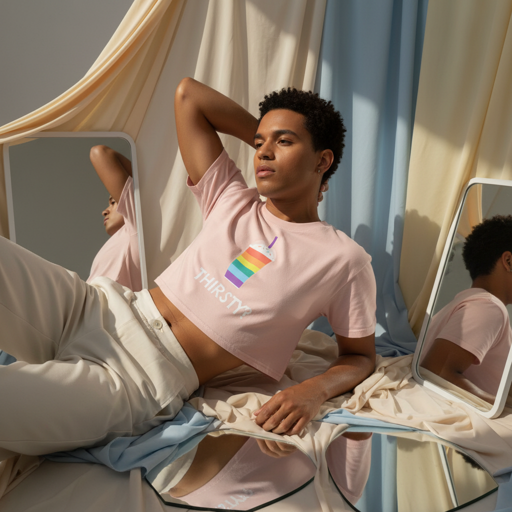 Crop top in ultra-soft cotton, with a rainbow popsicle and “THIRSTY” text; person lounges on pastel, mirrored