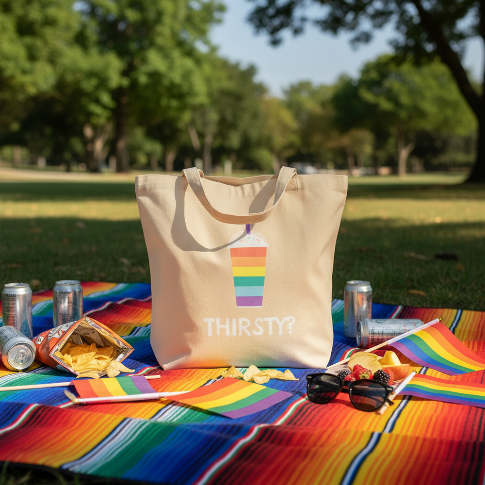 Natural canvas tote reading “THIRSTY?” with a rainbow drink graphic on a Pride picnic blanket