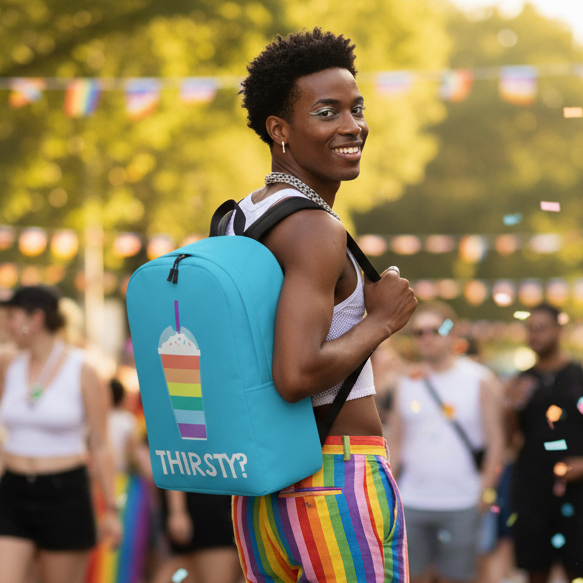 Person wearing a turquoise backpack with a rainbow drink graphic and “THIRSTY?” text