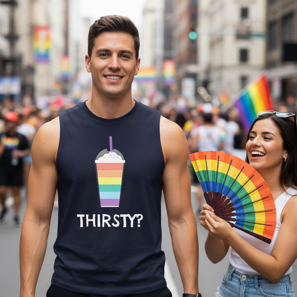 Muscle top with "THIRSTY?" slogan and rainbow milkshake