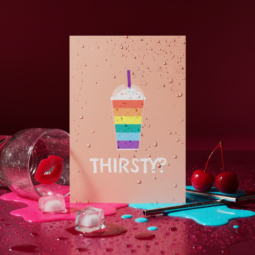 Thirsty? postcard with a rainbow-striped milkshake, pastel background, red lips, pride stickers, cherries
