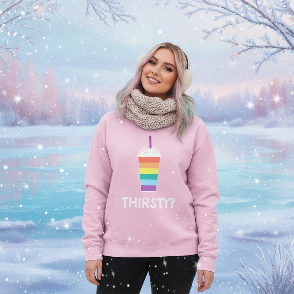 Person modeling a pink sweatshirt with a rainbow drink graphic and “THIRSTY?” text in snowy scenery