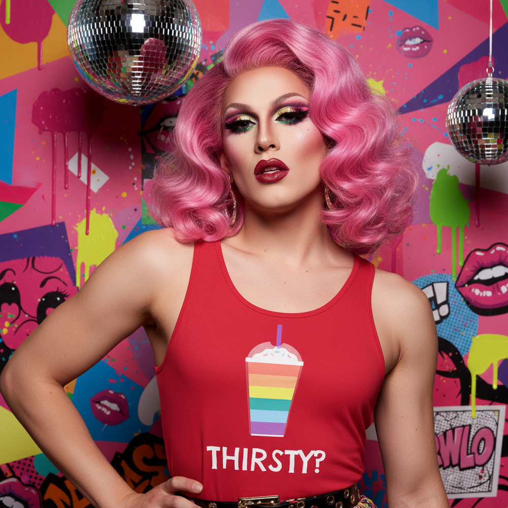 Thirsty? Unisex Tank Top with rainbow milkshake and "THIRSTY?" slogan, worn by a queer babe with bold pink hair
