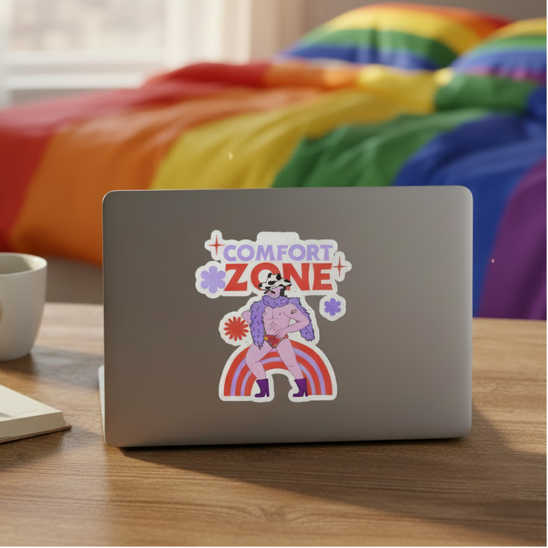 This Is My Comfort Zone bubble-free vinyl sticker on a gray laptop, with a person in flamboyant attire