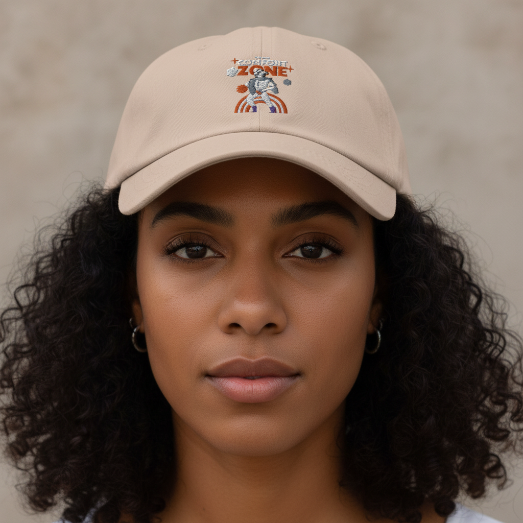 Beige “This Is My Comfort Zone Cap” with bold, vibrant embroidery