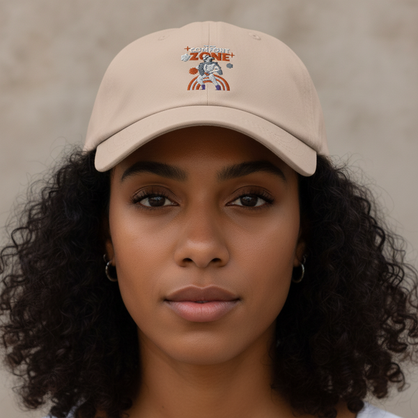 Beige “This Is My Comfort Zone Cap” with bold, vibrant embroidery