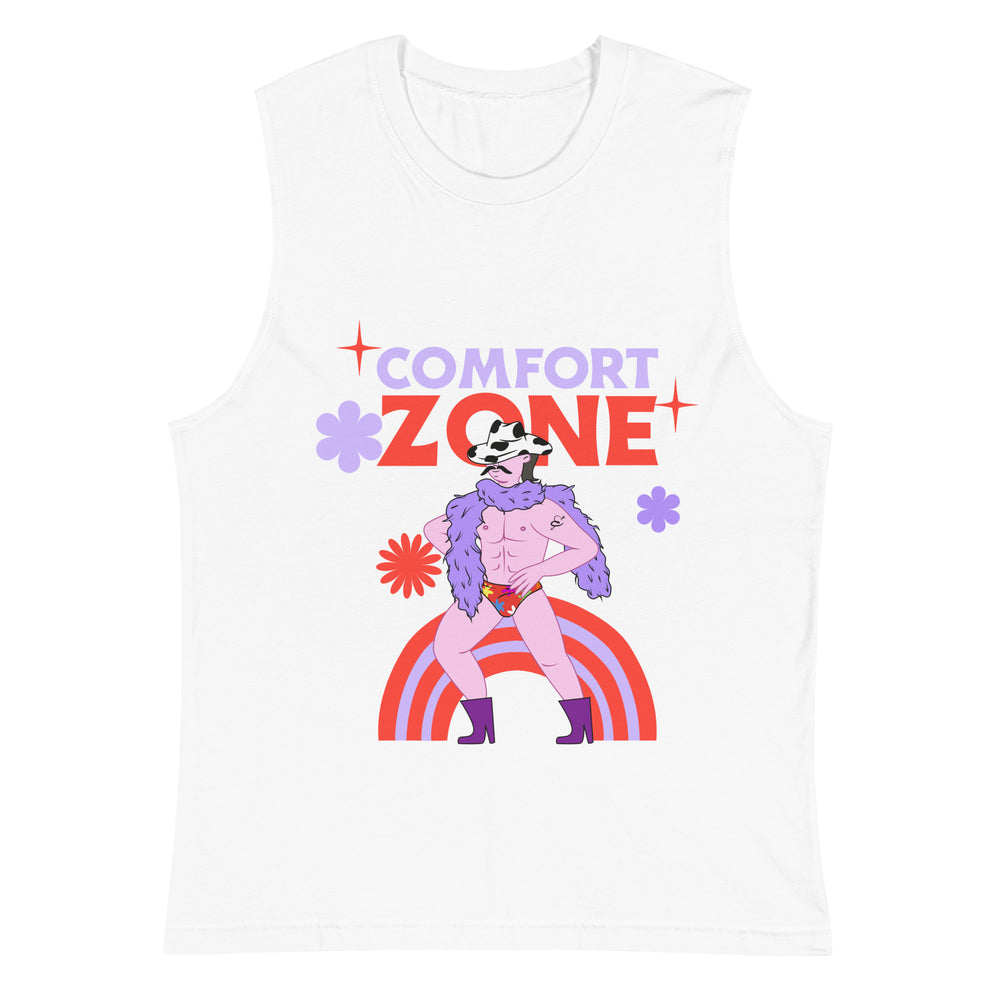 Muscle top with "COMFORT ZONE" slogan, cartoon in pink bodysuit, purple boots, feathered cape, wolf mask on a rainbow