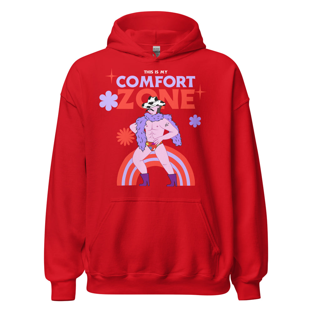 Front view of a red hoodie reading “THIS IS MY COMFORT ZONE,” with a cartoon figure in rainbow briefs and purple boots.